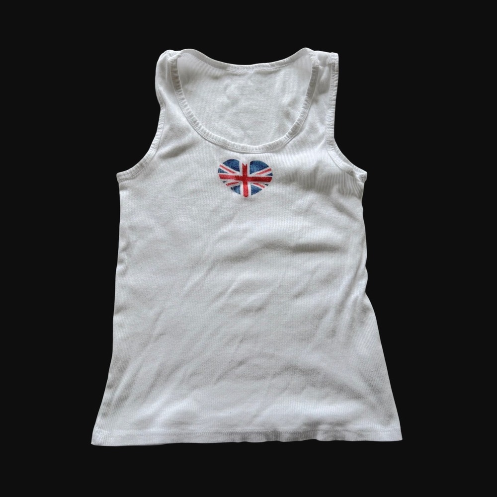Y2K White Ribbed Union Jack Heart Tank Top Scoop Neck Sleeveless Indie Sleeze
